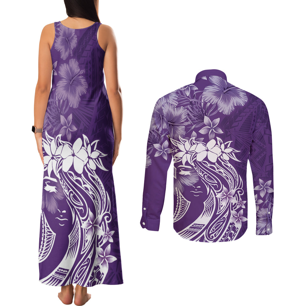 Polynesian Women's Day Couples Matching Tank Maxi Dress and Long Sleeve Button Shirt Plumeria Passion - Purple LT7 - Polynesian Pride
