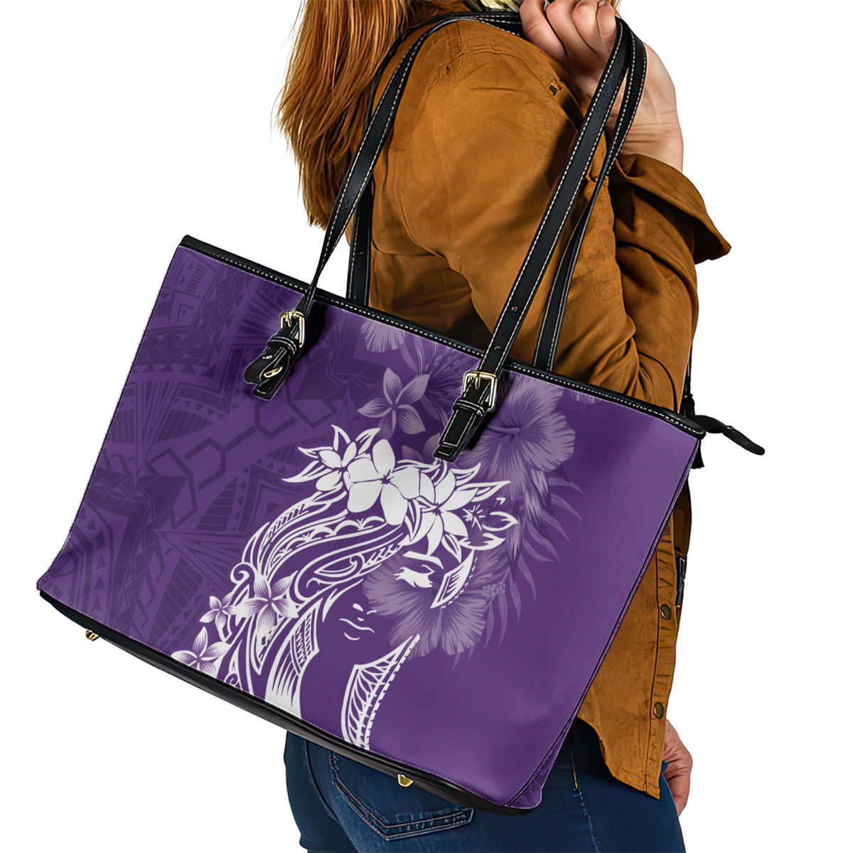 Polynesian Women's Day Leather Tote Bag Plumeria Passion - Purple LT7 - Polynesian Pride