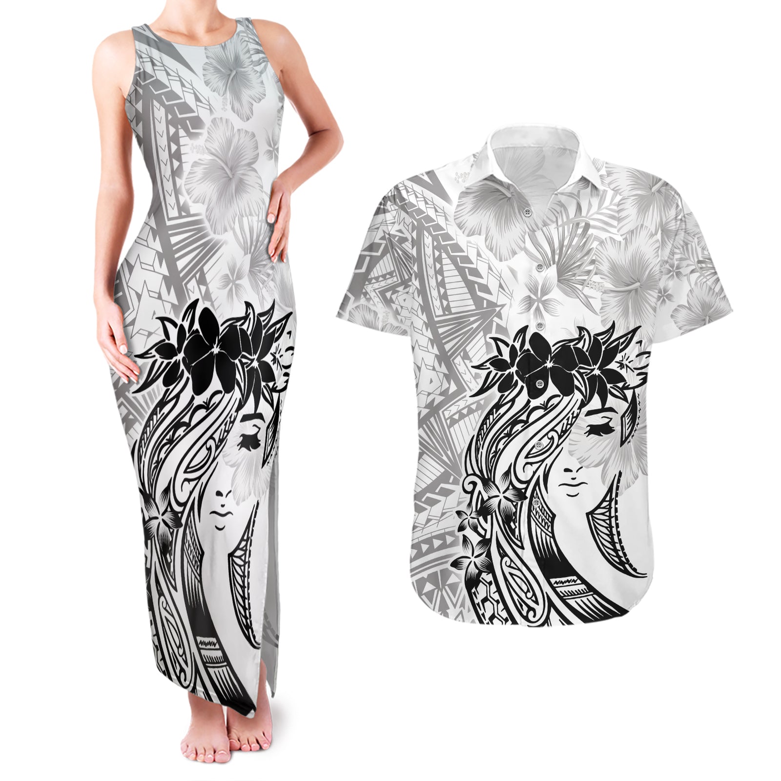 Polynesian Women's Day Couples Matching Tank Maxi Dress and Hawaiian Shirt Plumeria Passion - White LT7 White - Polynesian Pride