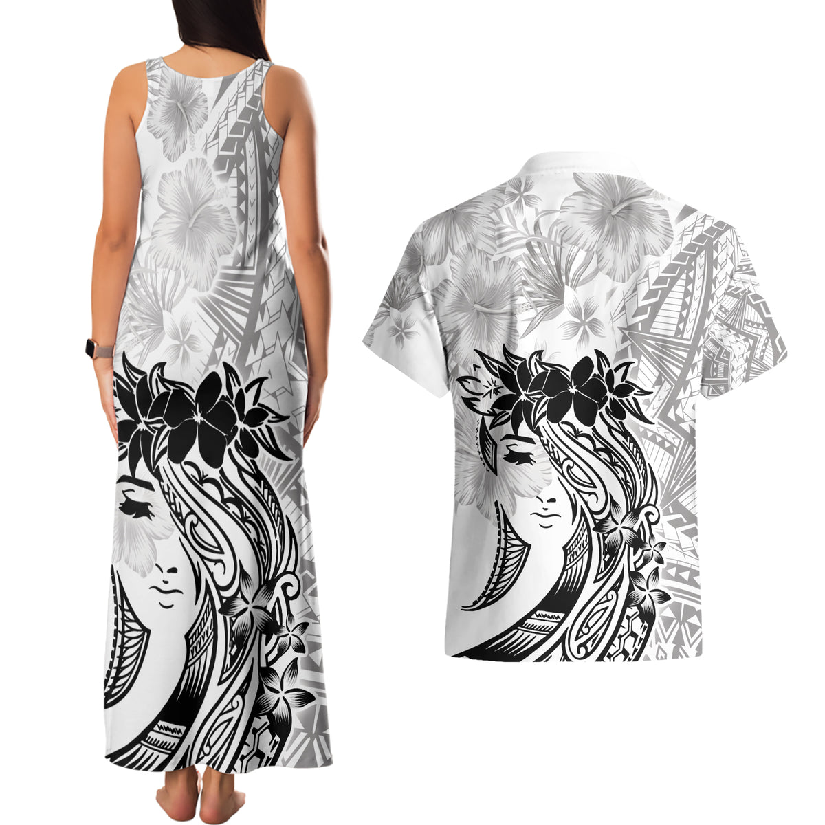 Polynesian Women's Day Couples Matching Tank Maxi Dress and Hawaiian Shirt Plumeria Passion - White LT7 - Polynesian Pride