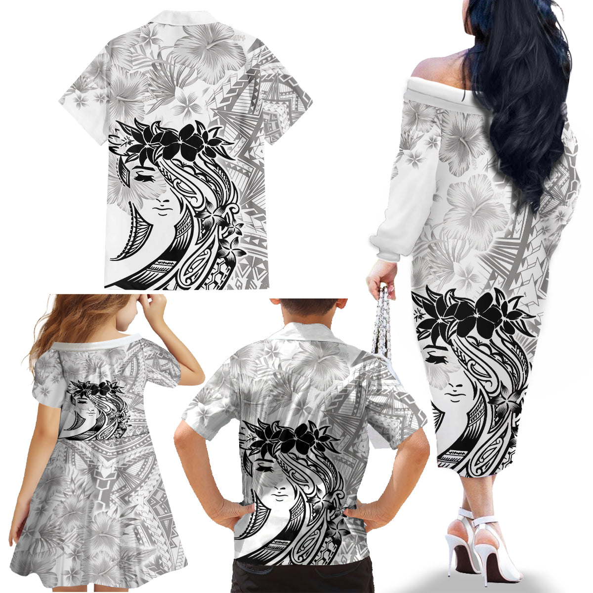 Polynesian Women's Day Family Matching Off Shoulder Long Sleeve Dress and Hawaiian Shirt Plumeria Passion - White LT7 - Polynesian Pride