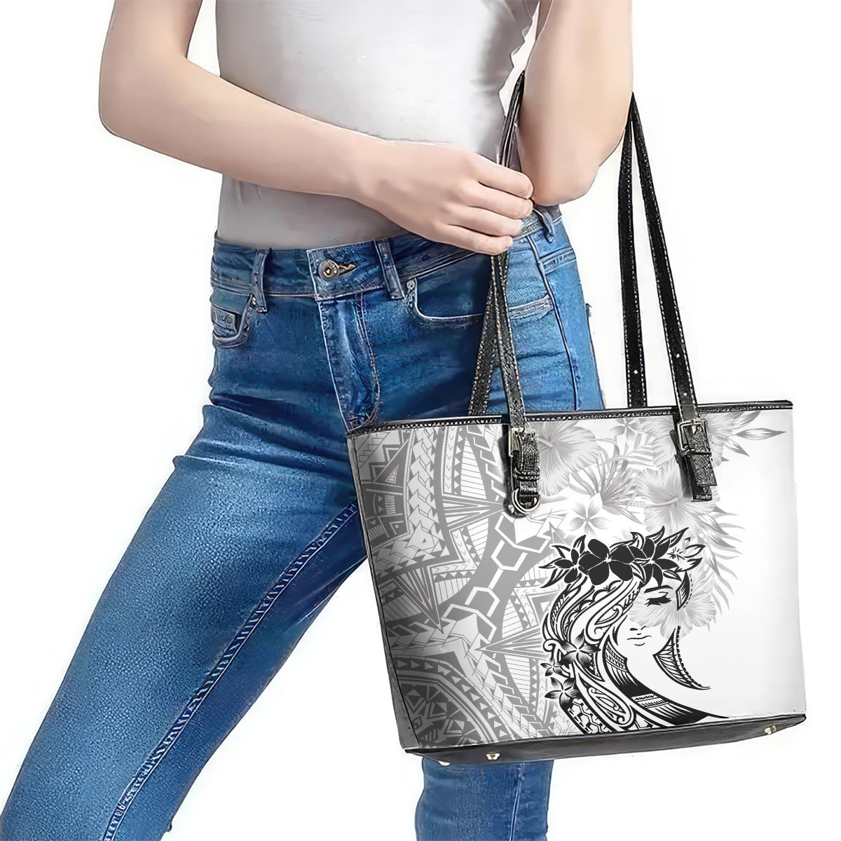 Polynesian Women's Day Leather Tote Bag Plumeria Passion - White LT7 - Polynesian Pride