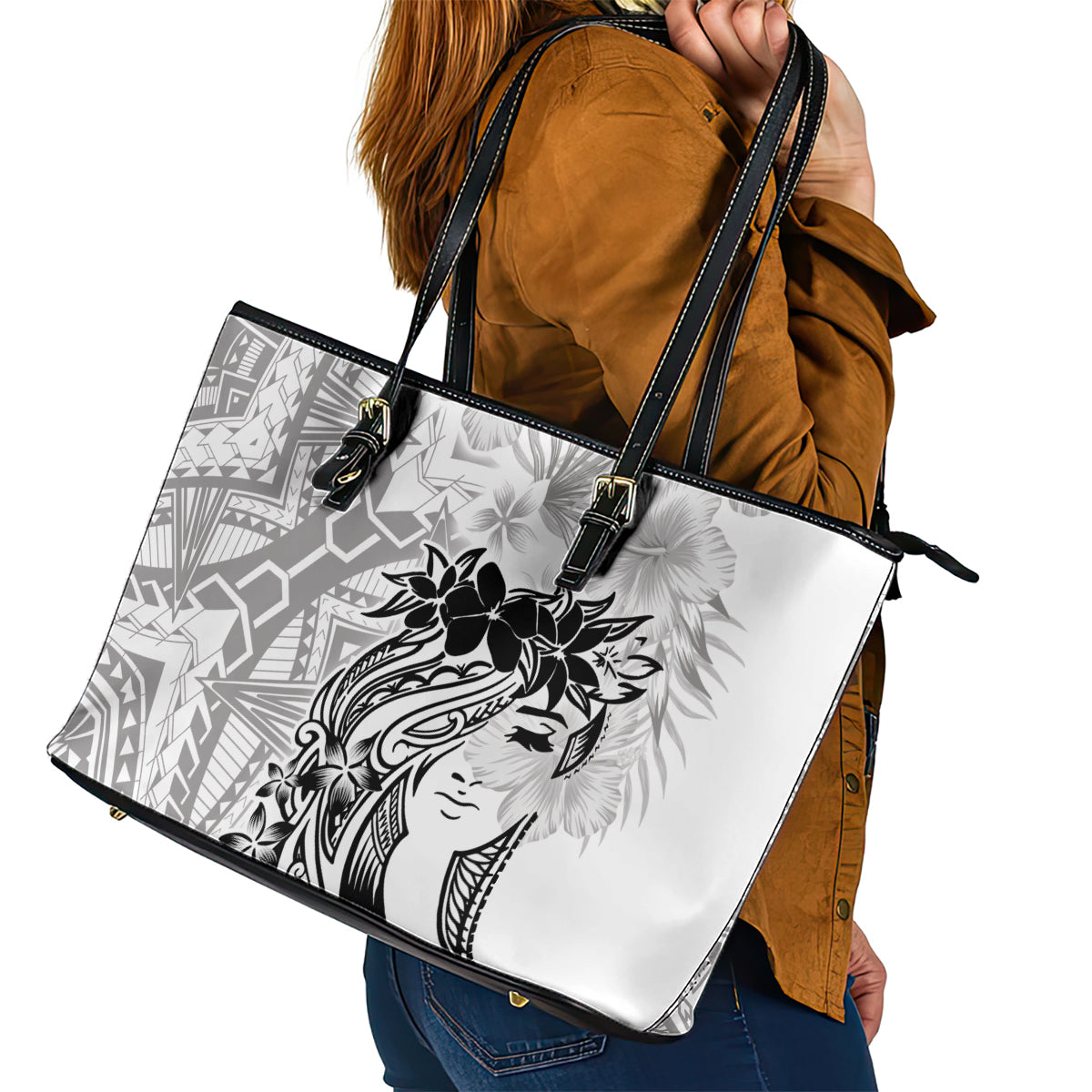 Polynesian Women's Day Leather Tote Bag Plumeria Passion - White LT7 - Polynesian Pride