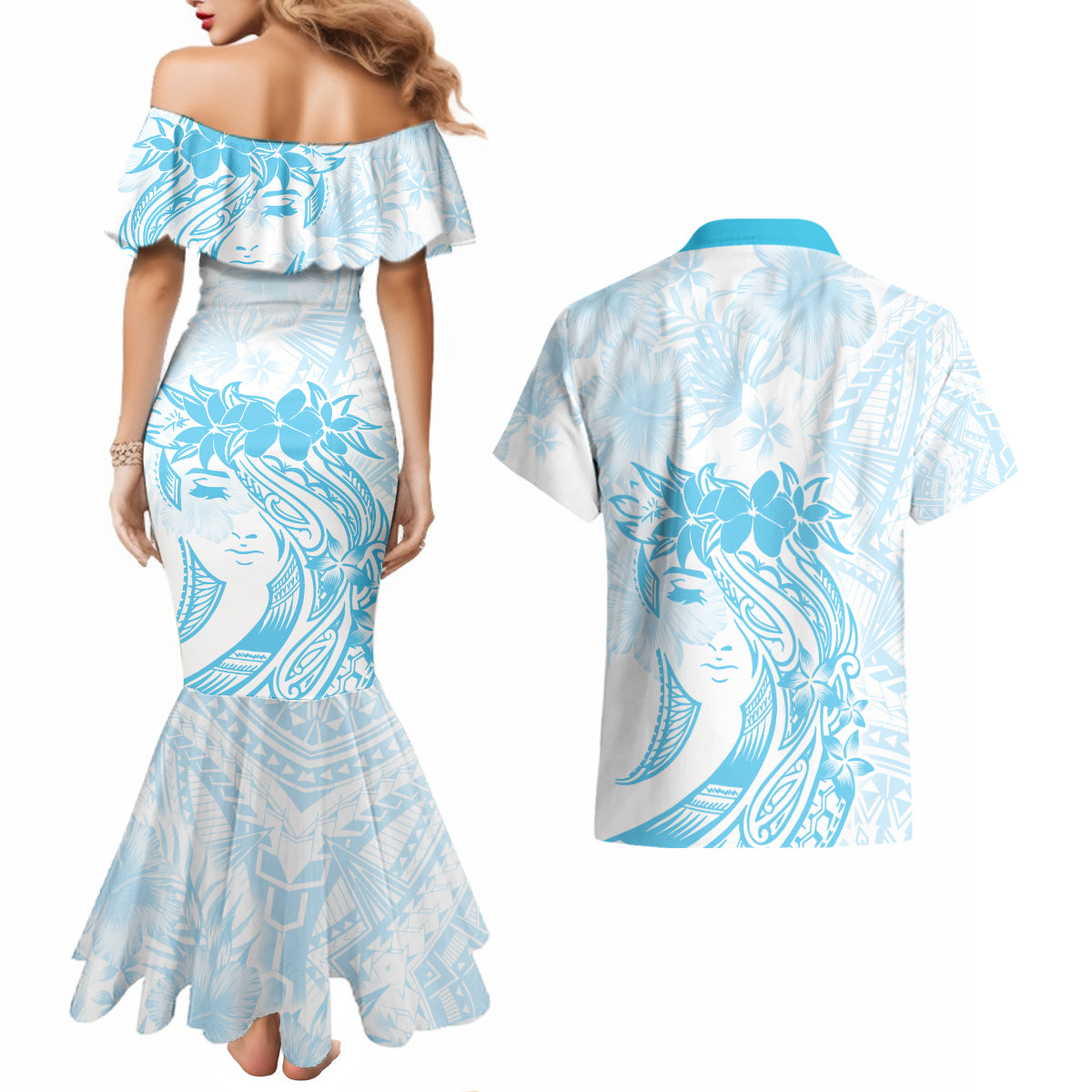 Polynesian Women's Day Couples Matching Mermaid Dress and Hawaiian Shirt Plumeria Passion - Turquoise LT7 - Polynesian Pride