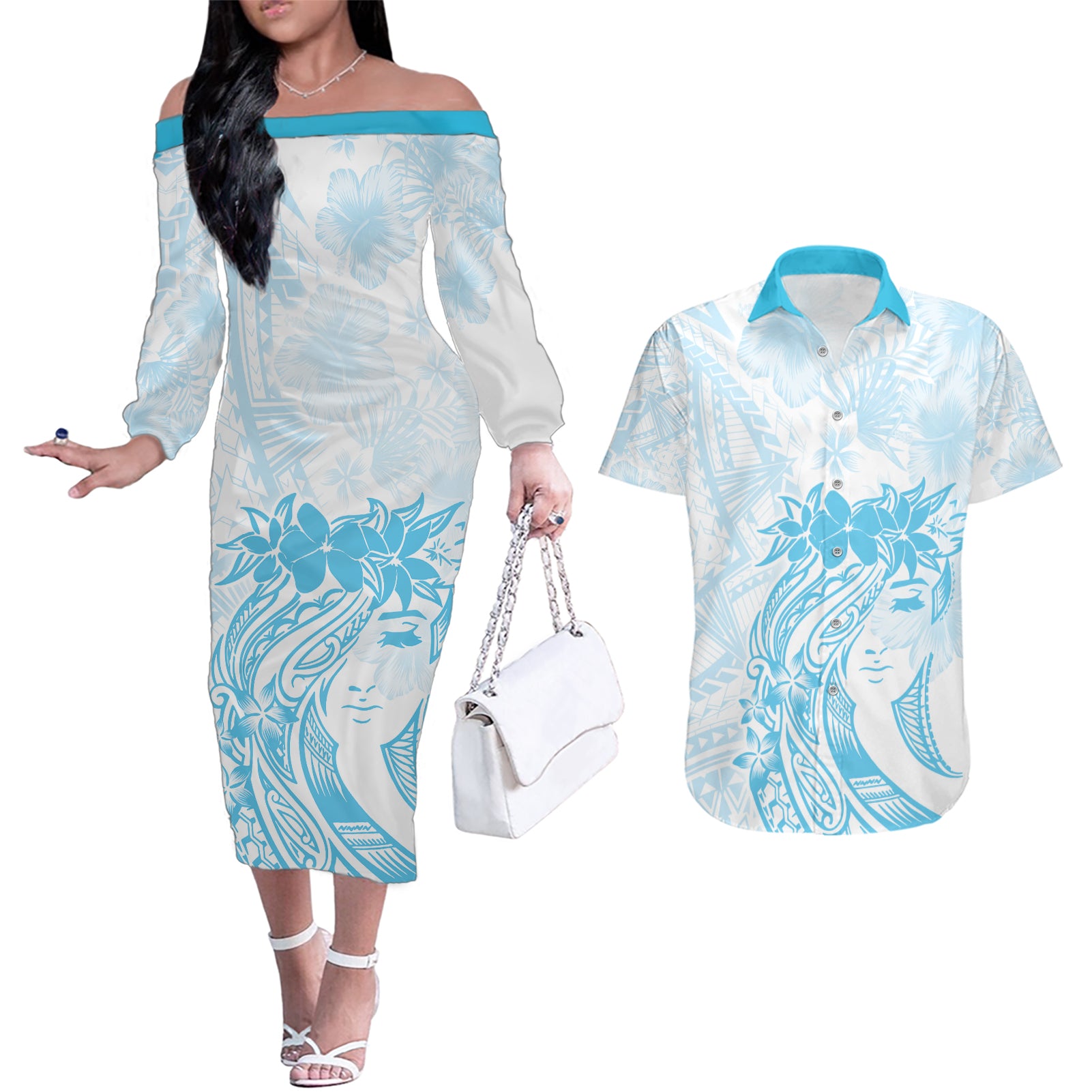 Polynesian Women's Day Couples Matching Off The Shoulder Long Sleeve Dress and Hawaiian Shirt Plumeria Passion - Turquoise LT7 Turquoise - Polynesian Pride