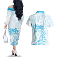 Polynesian Women's Day Couples Matching Off The Shoulder Long Sleeve Dress and Hawaiian Shirt Plumeria Passion - Turquoise LT7 - Polynesian Pride
