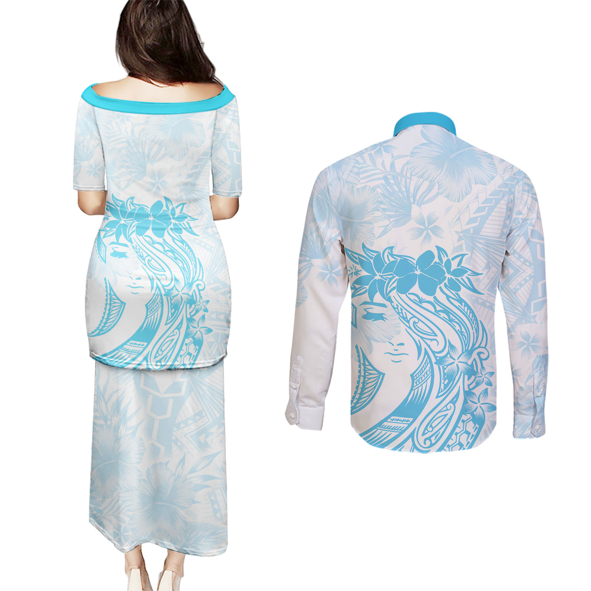 Polynesian Women's Day Couples Matching Puletasi and Long Sleeve Button Shirt Plumeria Passion - Turquoise LT7 - Polynesian Pride