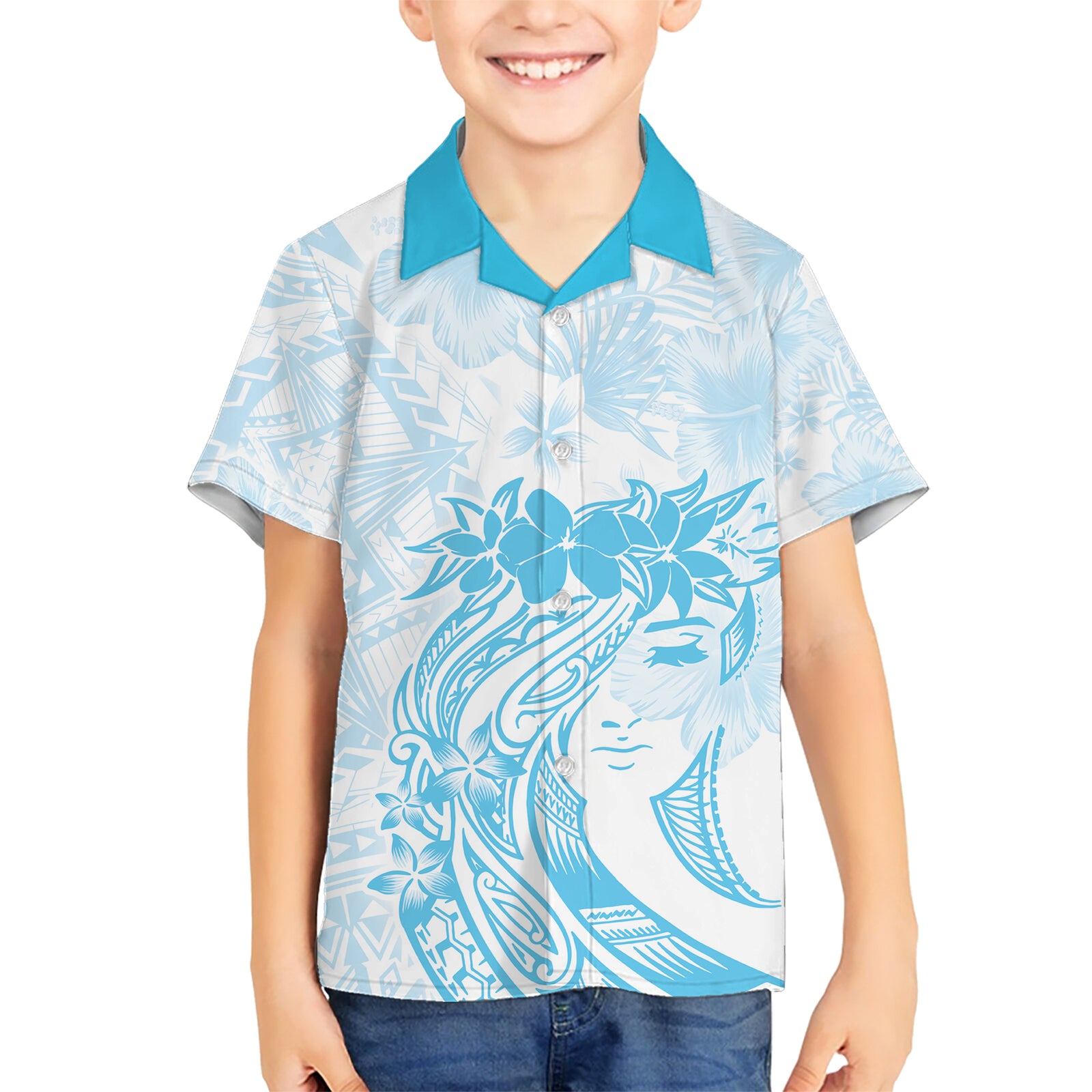 Polynesian Women's Day Kid Hawaiian Shirt Plumeria Passion - Turquoise LT7 Kid Turquoise - Polynesian Pride