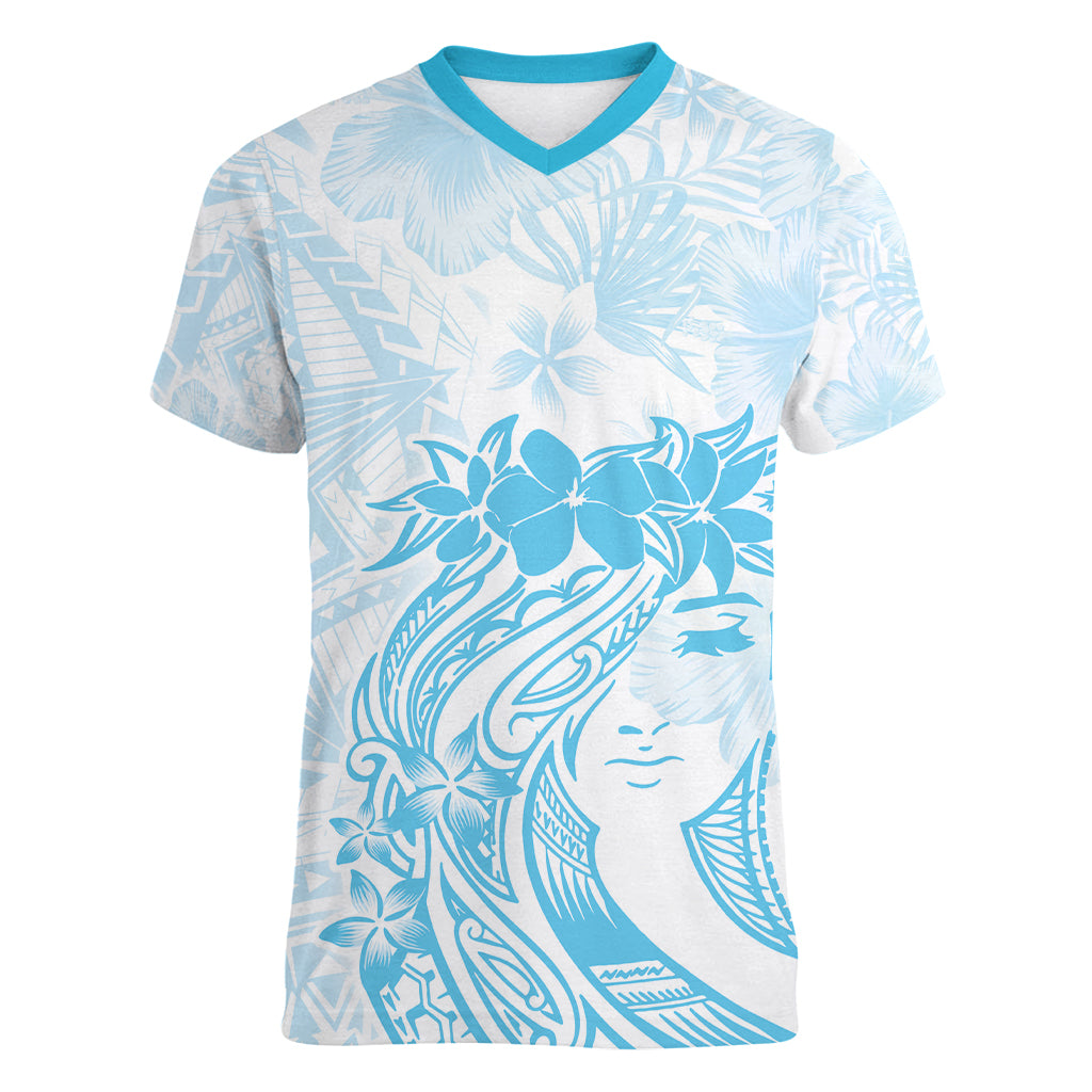 Polynesian Women's Day Women V Neck T Shirt Plumeria Passion - Turquoise LT7 Female Turquoise - Polynesian Pride