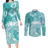 Polynesian Women's Day Couples Matching Long Sleeve Bodycon Dress and Long Sleeve Button Shirt Plumeria Passion - Teal LT7 Teal - Polynesian Pride