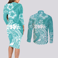 Polynesian Women's Day Couples Matching Long Sleeve Bodycon Dress and Long Sleeve Button Shirt Plumeria Passion - Teal LT7 - Polynesian Pride