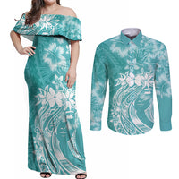 Polynesian Women's Day Couples Matching Off Shoulder Maxi Dress and Long Sleeve Button Shirt Plumeria Passion - Teal LT7 Teal - Polynesian Pride