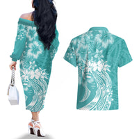 Polynesian Women's Day Couples Matching Off The Shoulder Long Sleeve Dress and Hawaiian Shirt Plumeria Passion - Teal LT7 - Polynesian Pride
