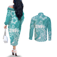 Polynesian Women's Day Couples Matching Off The Shoulder Long Sleeve Dress and Long Sleeve Button Shirt Plumeria Passion - Teal LT7 - Polynesian Pride