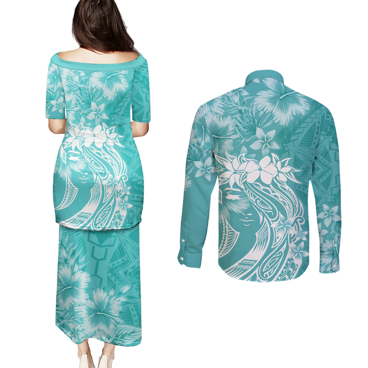 Polynesian Women's Day Couples Matching Puletasi and Long Sleeve Button Shirt Plumeria Passion - Teal LT7 - Polynesian Pride
