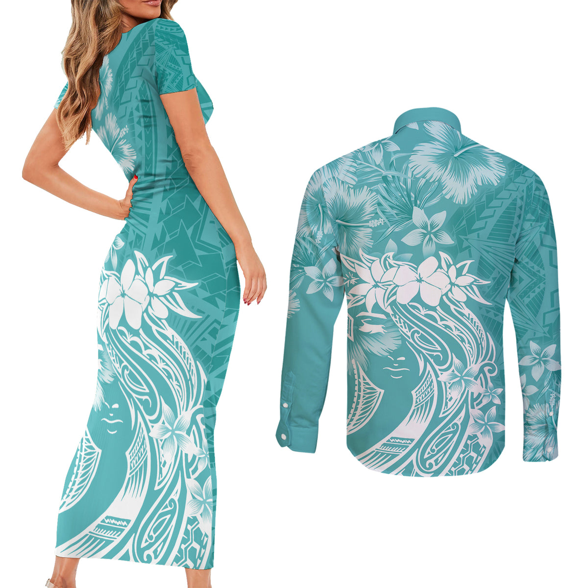Polynesian Women's Day Couples Matching Short Sleeve Bodycon Dress and Long Sleeve Button Shirt Plumeria Passion - Teal LT7 - Polynesian Pride
