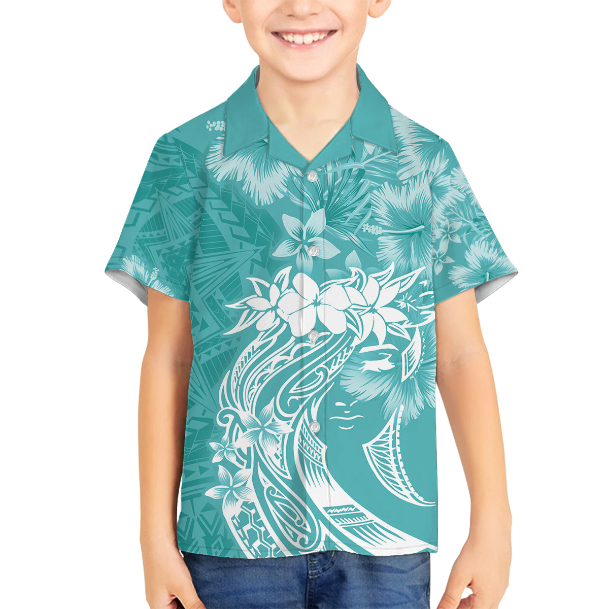 Polynesian Women's Day Family Matching Long Sleeve Bodycon Dress and Hawaiian Shirt Plumeria Passion - Teal LT7 Son's Shirt Teal - Polynesian Pride