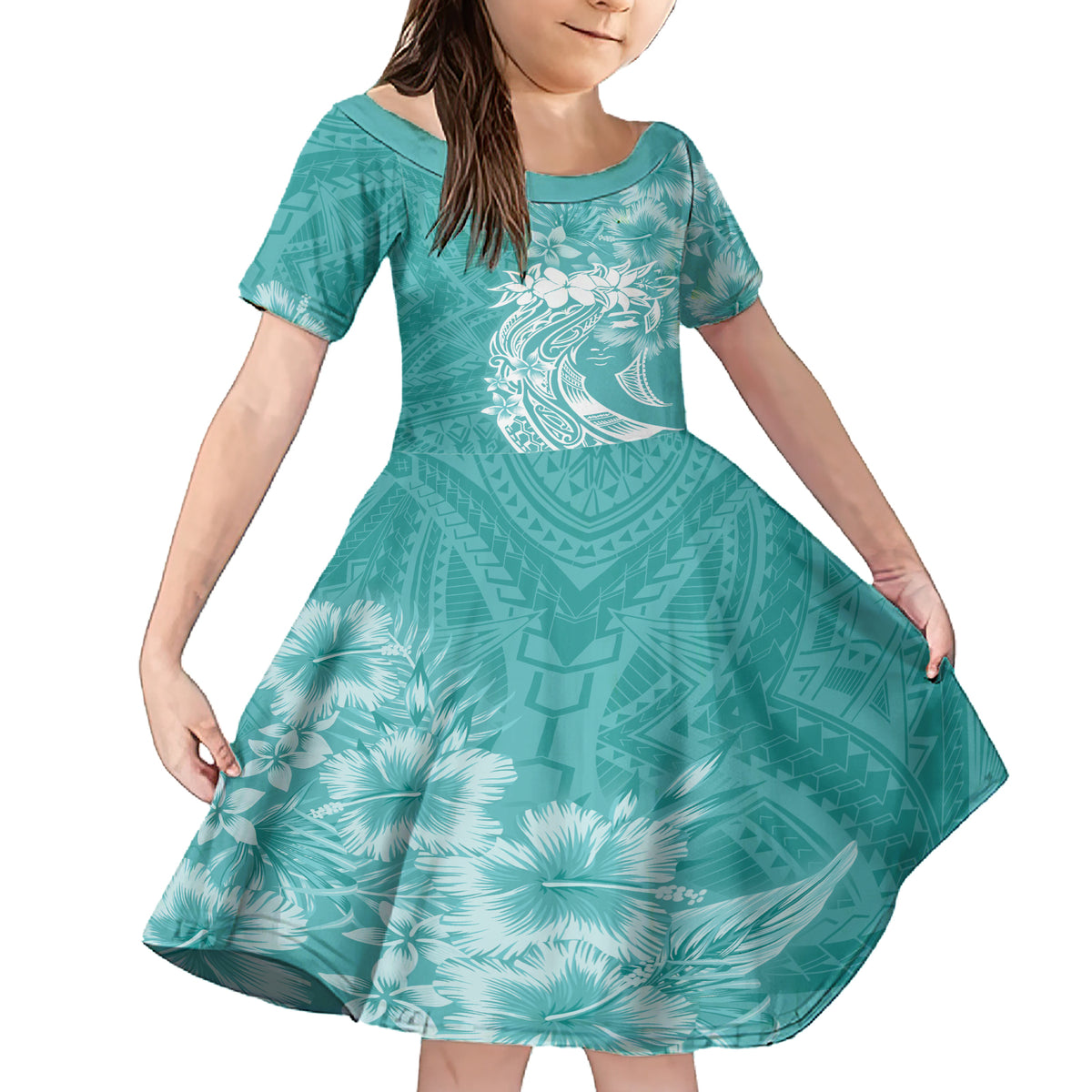 Polynesian Women's Day Family Matching Short Sleeve Bodycon Dress and Hawaiian Shirt Plumeria Passion - Teal LT7 Daughter's Dress Teal - Polynesian Pride