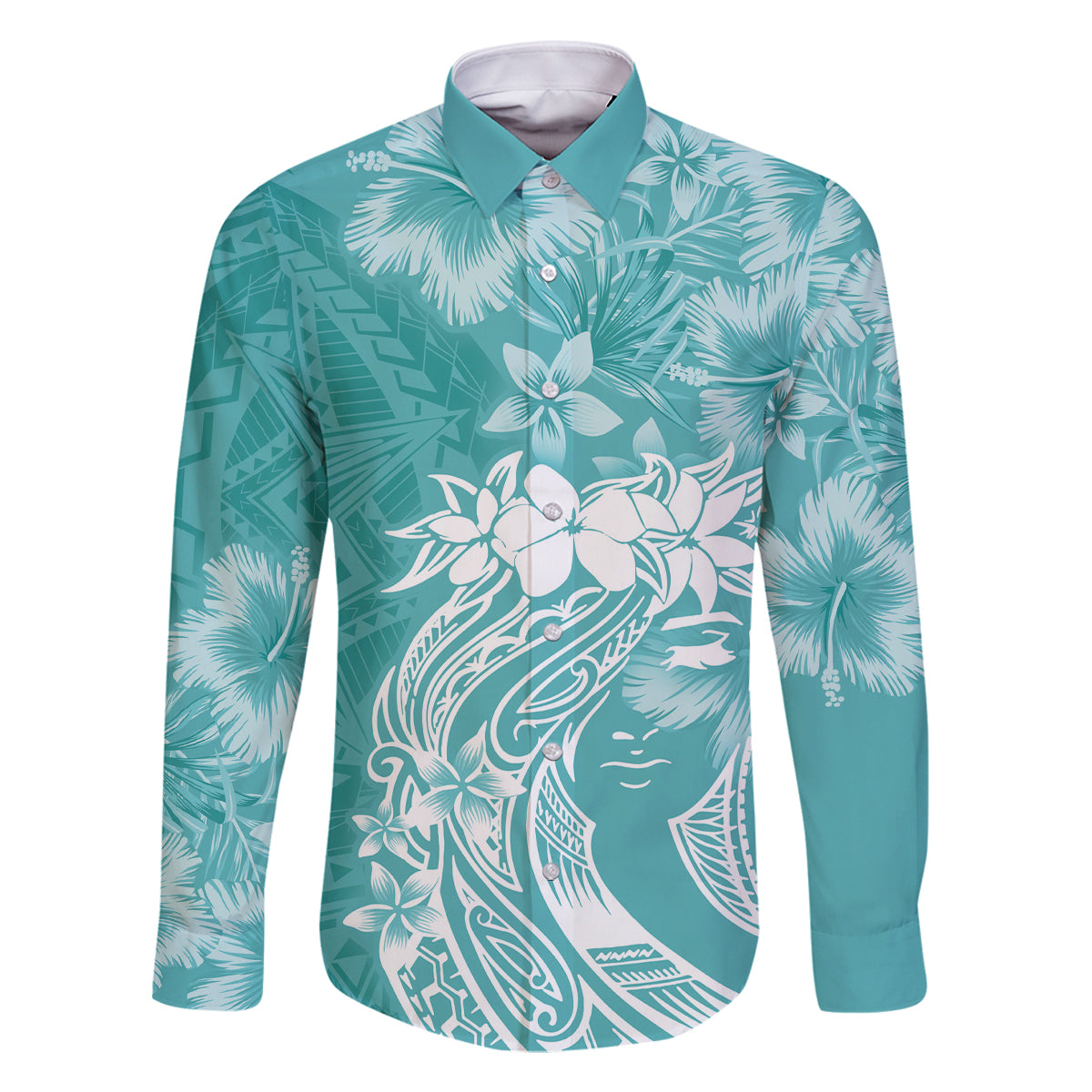 Polynesian Women's Day Family Matching Summer Maxi Dress and Hawaiian Shirt Plumeria Passion - Teal LT7 Dad's Shirt - Long Sleeve Teal - Polynesian Pride
