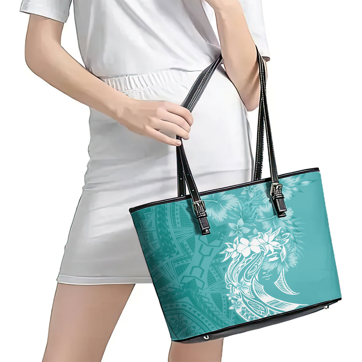 Polynesian Women's Day Leather Tote Bag Plumeria Passion - Teal LT7 - Polynesian Pride