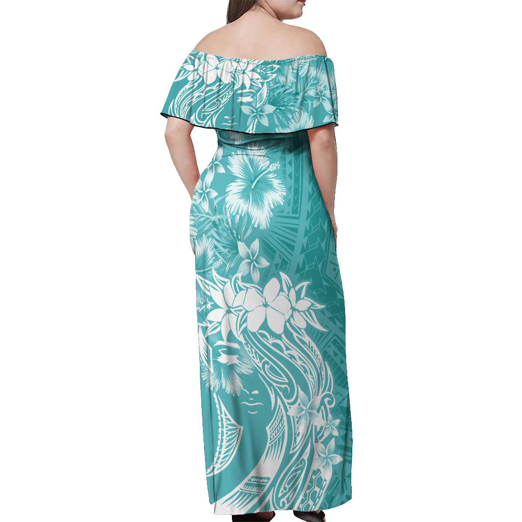 Polynesian Women's Day Off Shoulder Maxi Dress Plumeria Passion - Teal LT7 - Polynesian Pride