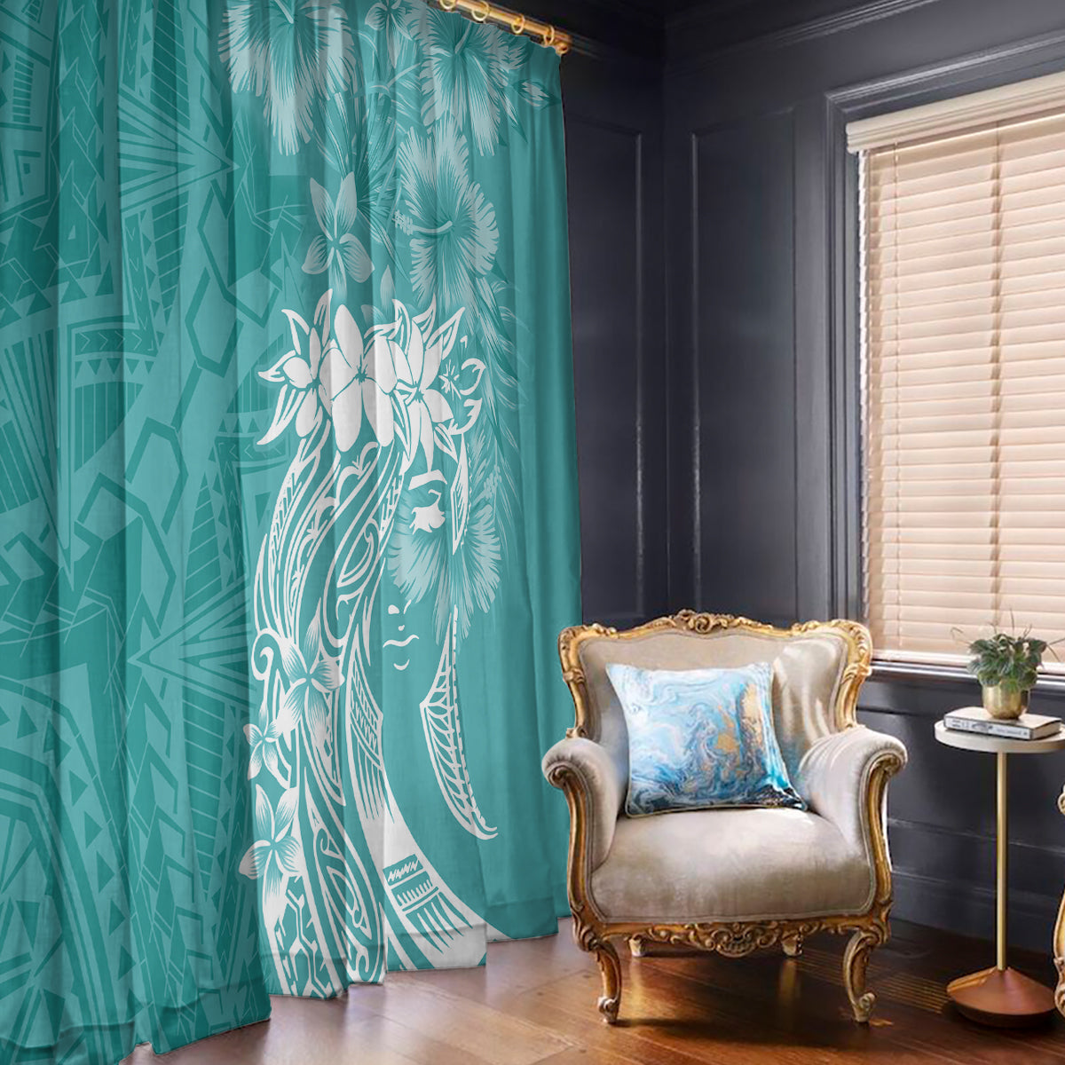 Polynesian Women's Day Window Curtain Plumeria Passion - Teal LT7 - Polynesian Pride
