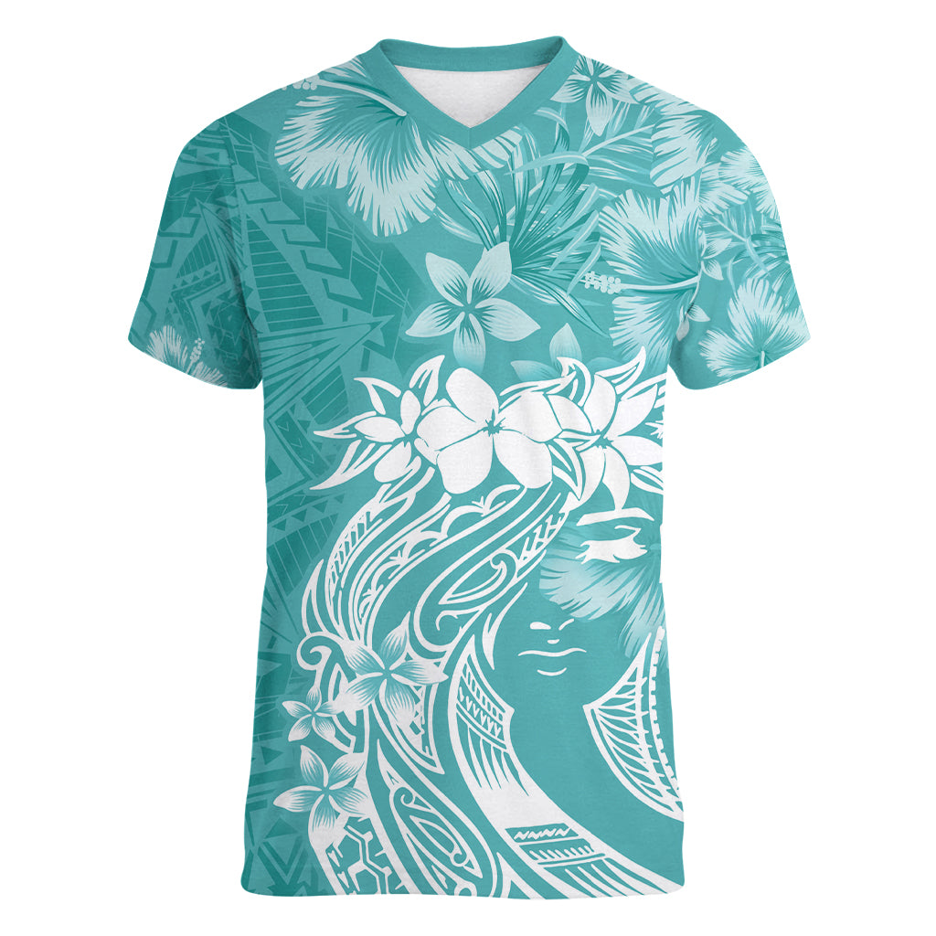 Polynesian Women's Day Women V Neck T Shirt Plumeria Passion - Teal LT7 Female Teal - Polynesian Pride