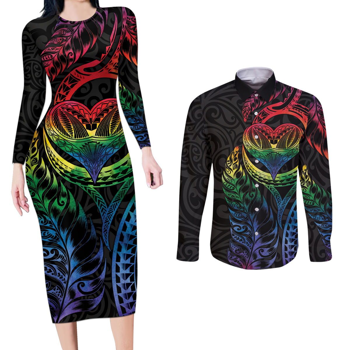 New Zealand Pride Couples Matching Long Sleeve Bodycon Dress and Long Sleeve Button Shirt Takatapui Rainbow Fern