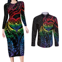 New Zealand Pride Couples Matching Long Sleeve Bodycon Dress and Long Sleeve Button Shirt Takatapui Rainbow Fern