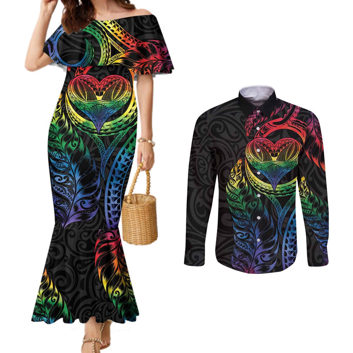 New Zealand Pride Couples Matching Mermaid Dress and Long Sleeve Button Shirt Takatapui Rainbow Fern