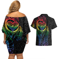 New Zealand Pride Couples Matching Off Shoulder Short Dress and Hawaiian Shirt Takatapui Rainbow Fern