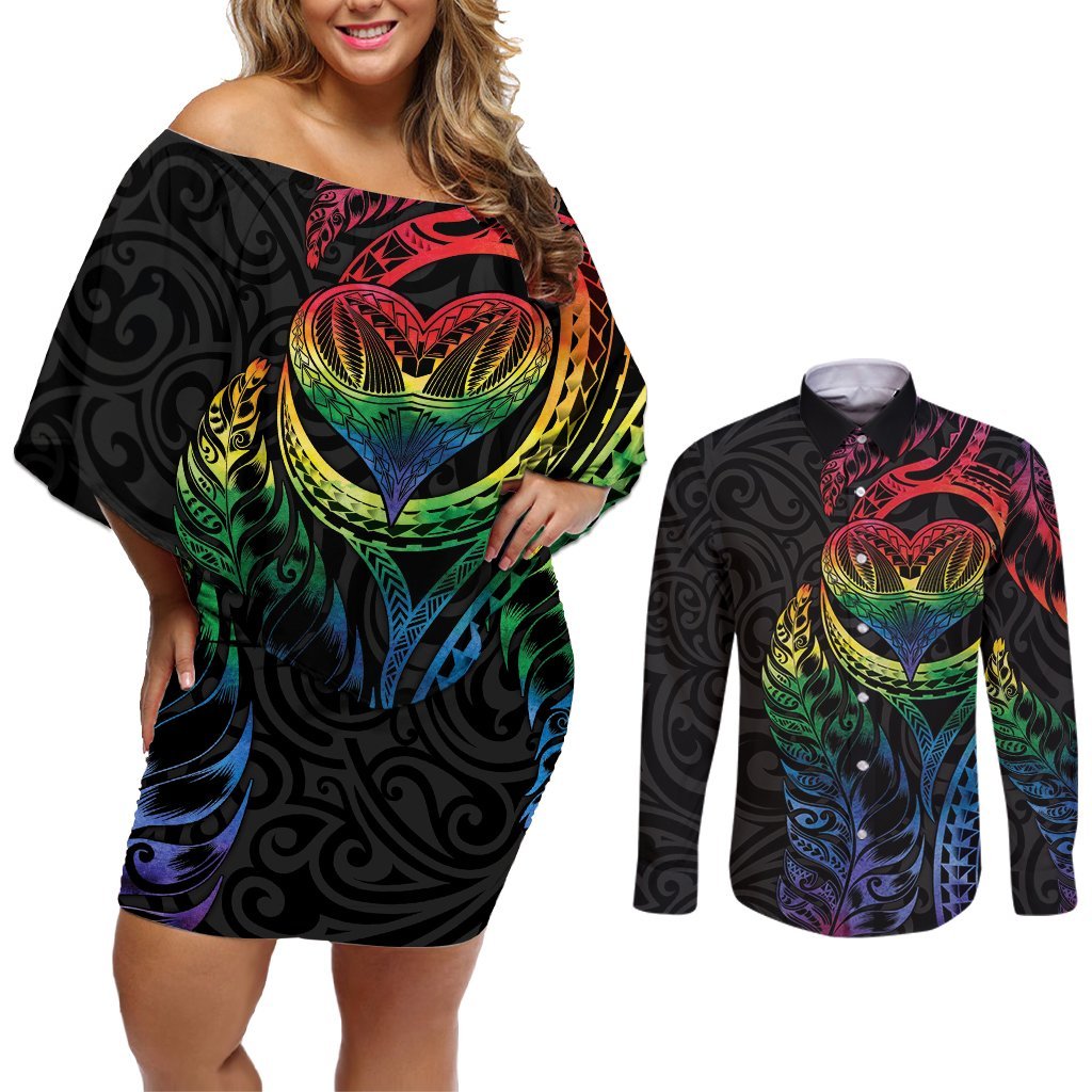 New Zealand Pride Couples Matching Off Shoulder Short Dress and Long Sleeve Button Shirt Takatapui Rainbow Fern LT7 Colorful - Polynesian Pride