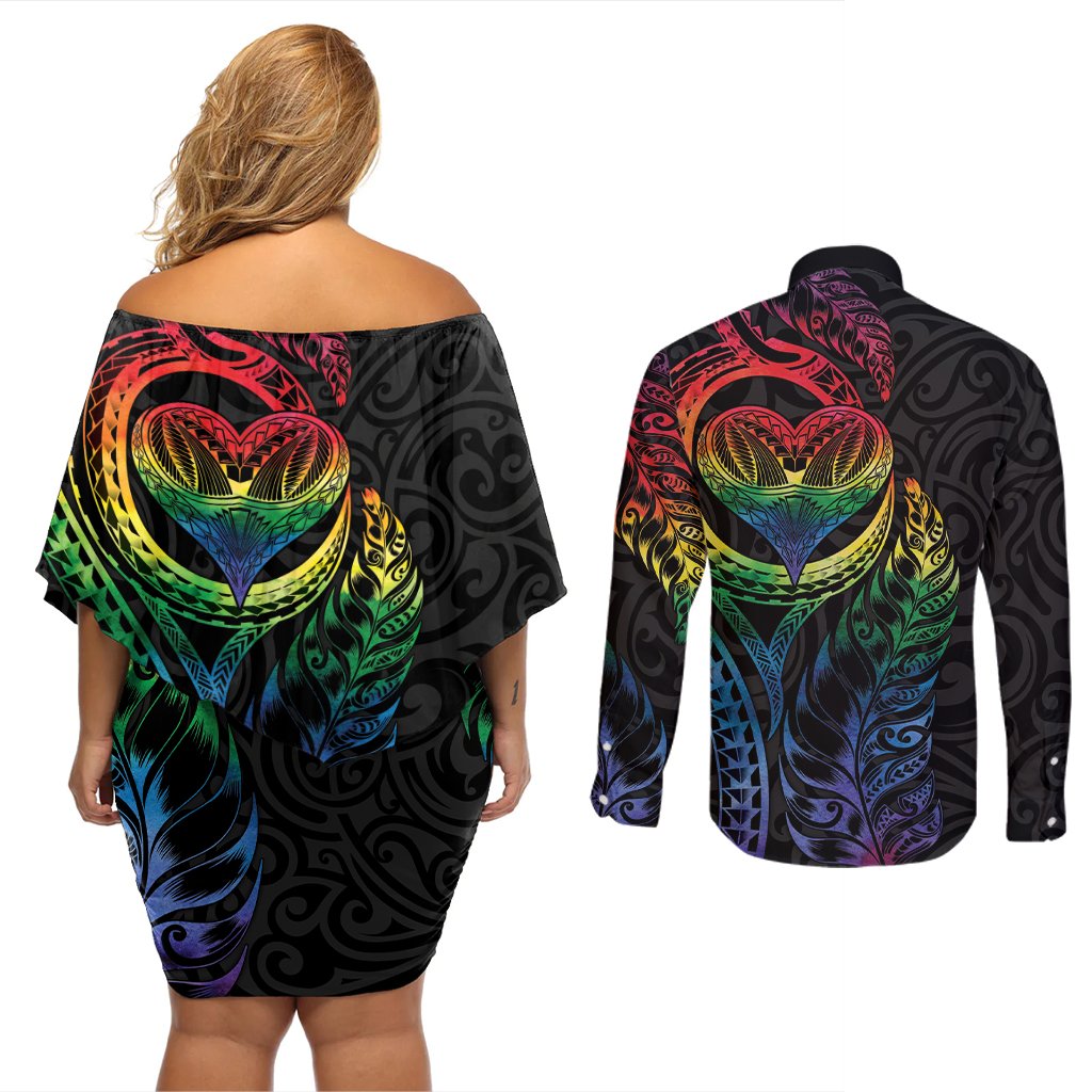 New Zealand Pride Couples Matching Off Shoulder Short Dress and Long Sleeve Button Shirt Takatapui Rainbow Fern