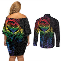 New Zealand Pride Couples Matching Off Shoulder Short Dress and Long Sleeve Button Shirt Takatapui Rainbow Fern