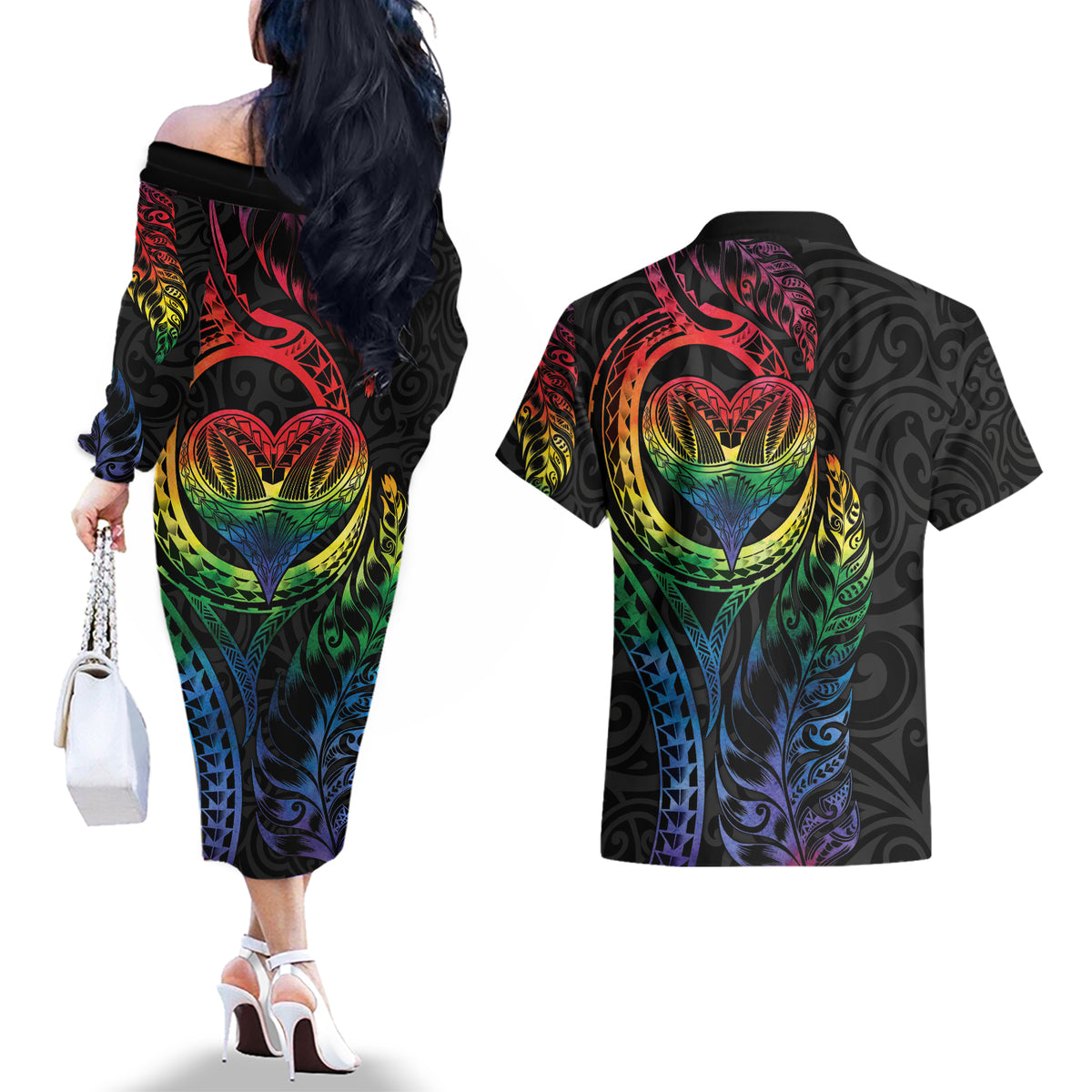 New Zealand Pride Couples Matching Off The Shoulder Long Sleeve Dress and Hawaiian Shirt Takatapui Rainbow Fern