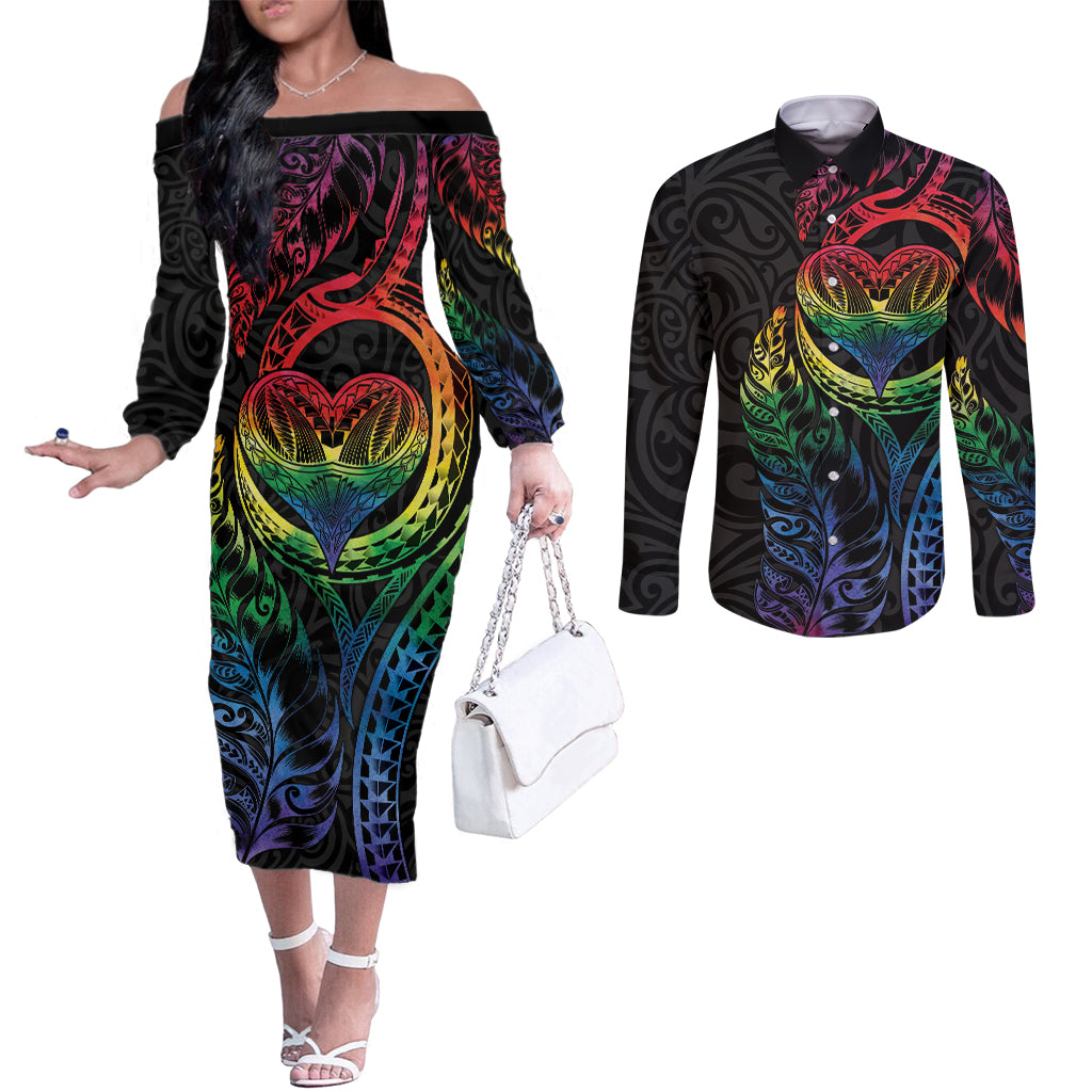 New Zealand Pride Couples Matching Off The Shoulder Long Sleeve Dress and Long Sleeve Button Shirt Takatapui Rainbow Fern