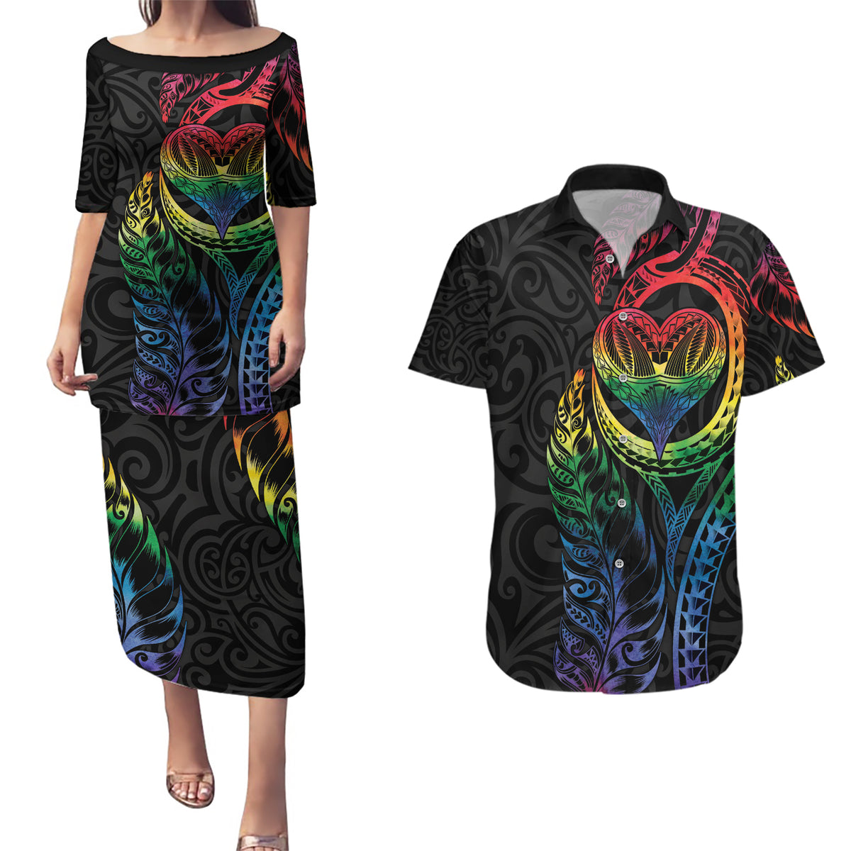 New Zealand Pride Couples Matching Puletasi and Hawaiian Shirt Takatapui Rainbow Fern