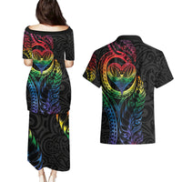 New Zealand Pride Couples Matching Puletasi and Hawaiian Shirt Takatapui Rainbow Fern