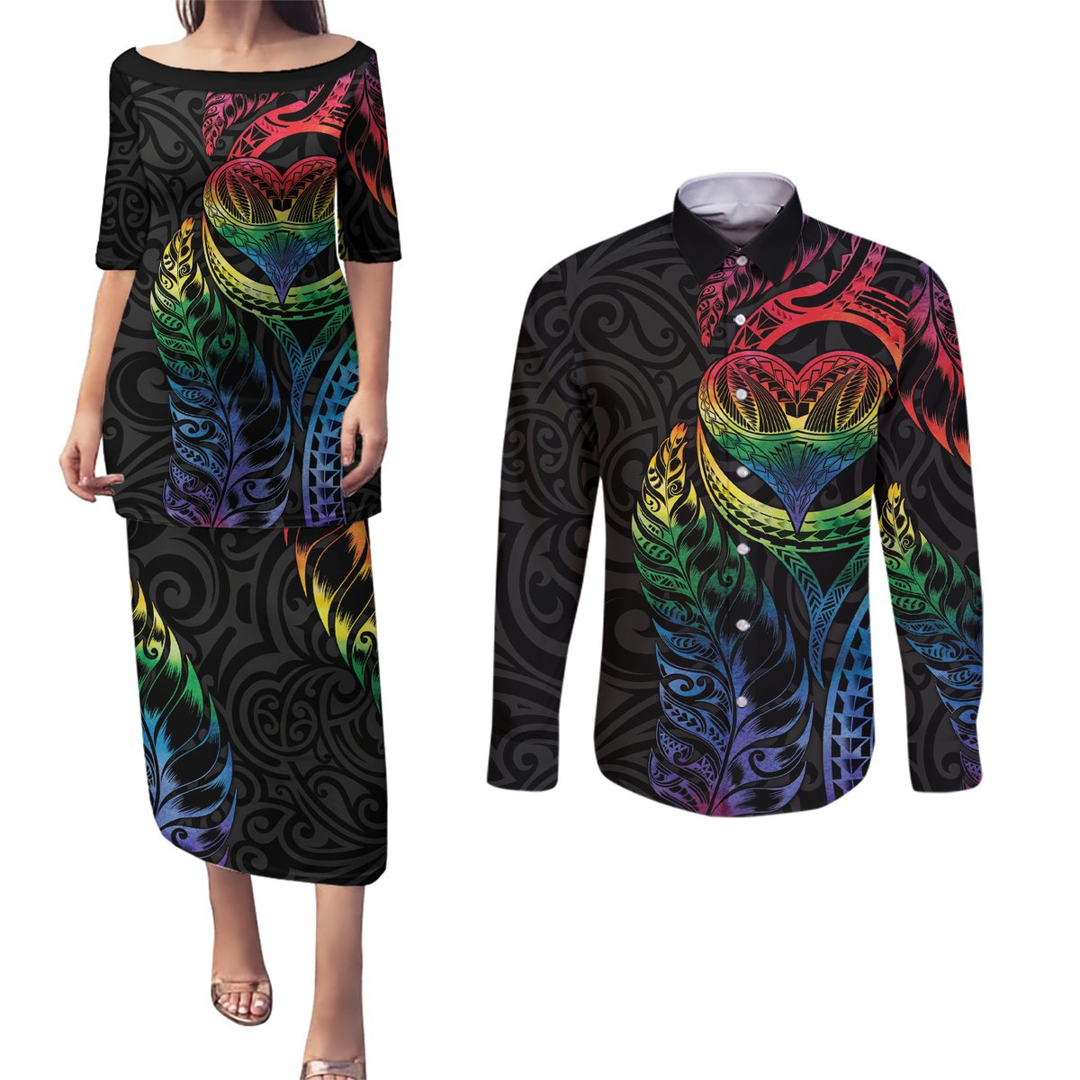 New Zealand Pride Couples Matching Puletasi and Long Sleeve Button Shirt Takatapui Rainbow Fern LT7 Colorful - Polynesian Pride