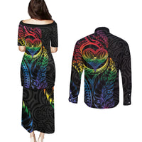 New Zealand Pride Couples Matching Puletasi and Long Sleeve Button Shirt Takatapui Rainbow Fern