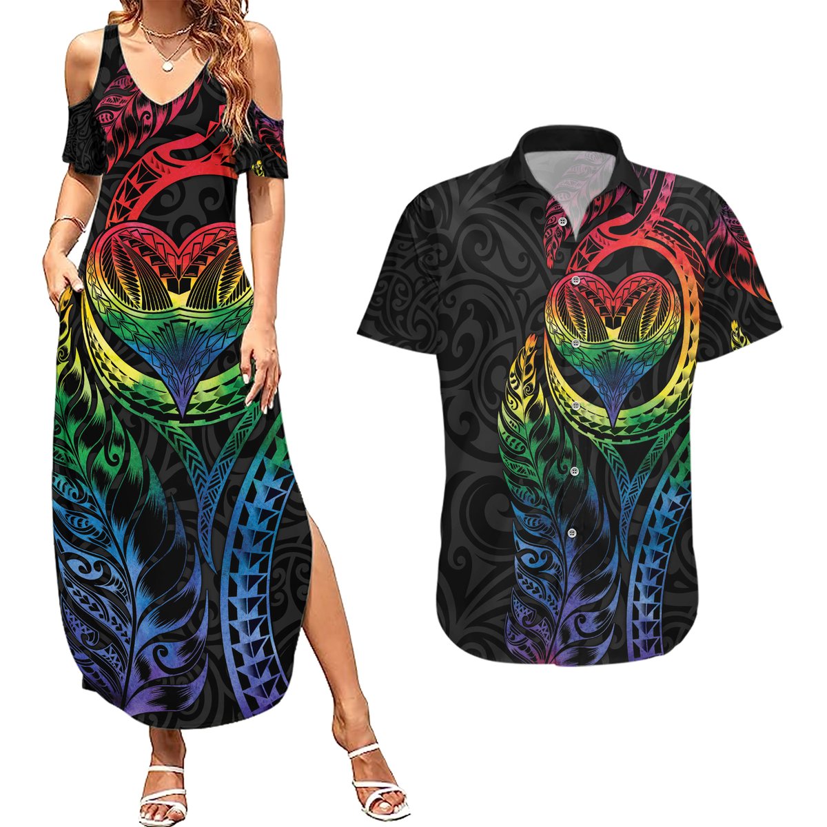 New Zealand Pride Couples Matching Summer Maxi Dress and Hawaiian Shirt Takatapui Rainbow Fern