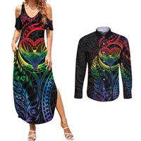 New Zealand Pride Couples Matching Summer Maxi Dress and Long Sleeve Button Shirt Takatapui Rainbow Fern