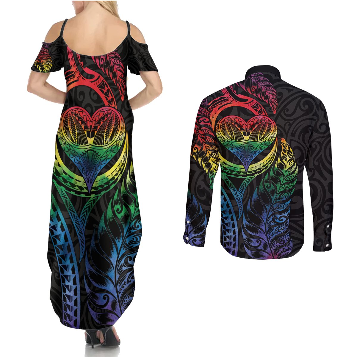 New Zealand Pride Couples Matching Summer Maxi Dress and Long Sleeve Button Shirt Takatapui Rainbow Fern