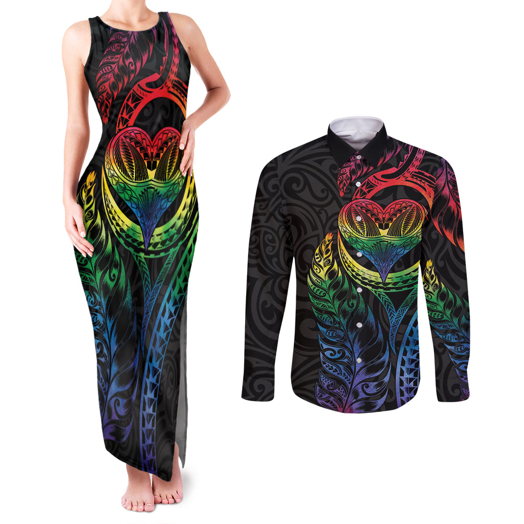 New Zealand Pride Couples Matching Tank Maxi Dress and Long Sleeve Button Shirt Takatapui Rainbow Fern