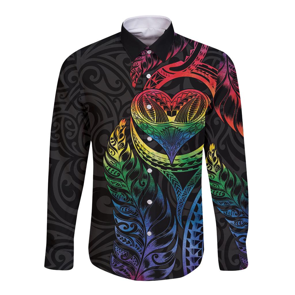 New Zealand Pride Long Sleeve Button Shirt Takatapui Rainbow Fern LT7 Unisex Colorful - Polynesian Pride