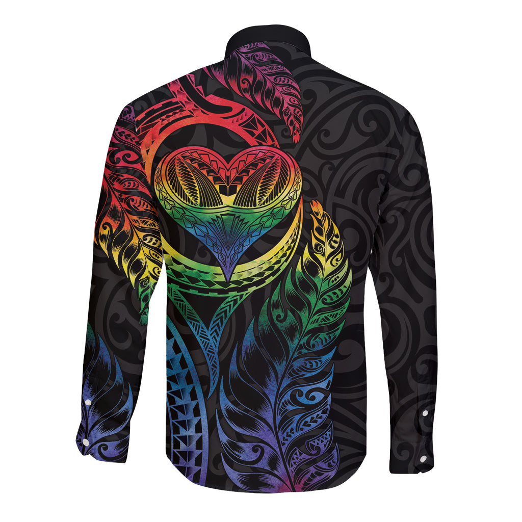 New Zealand Pride Long Sleeve Button Shirt Takatapui Rainbow Fern LT7 - Polynesian Pride