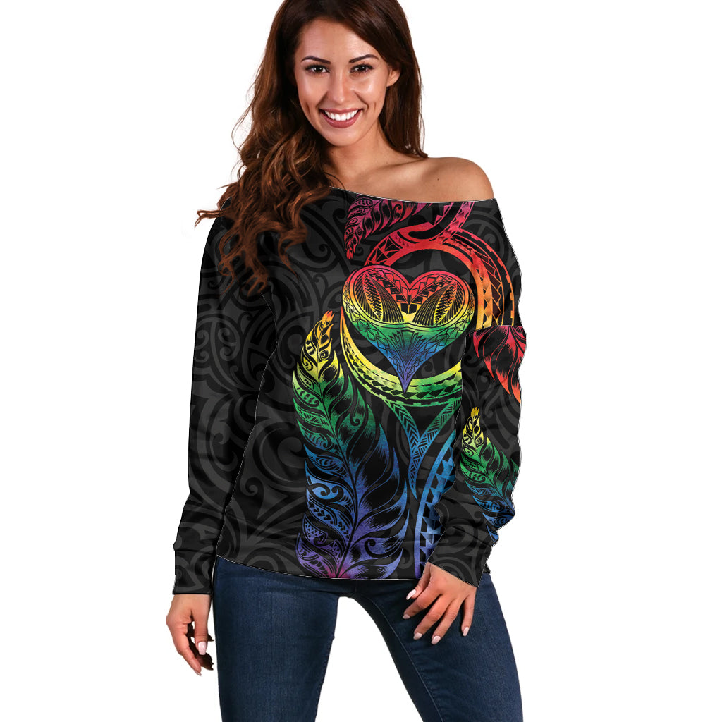 New Zealand Pride Off Shoulder Sweater Takatapui Rainbow Fern LT7 Women Colorful - Polynesian Pride