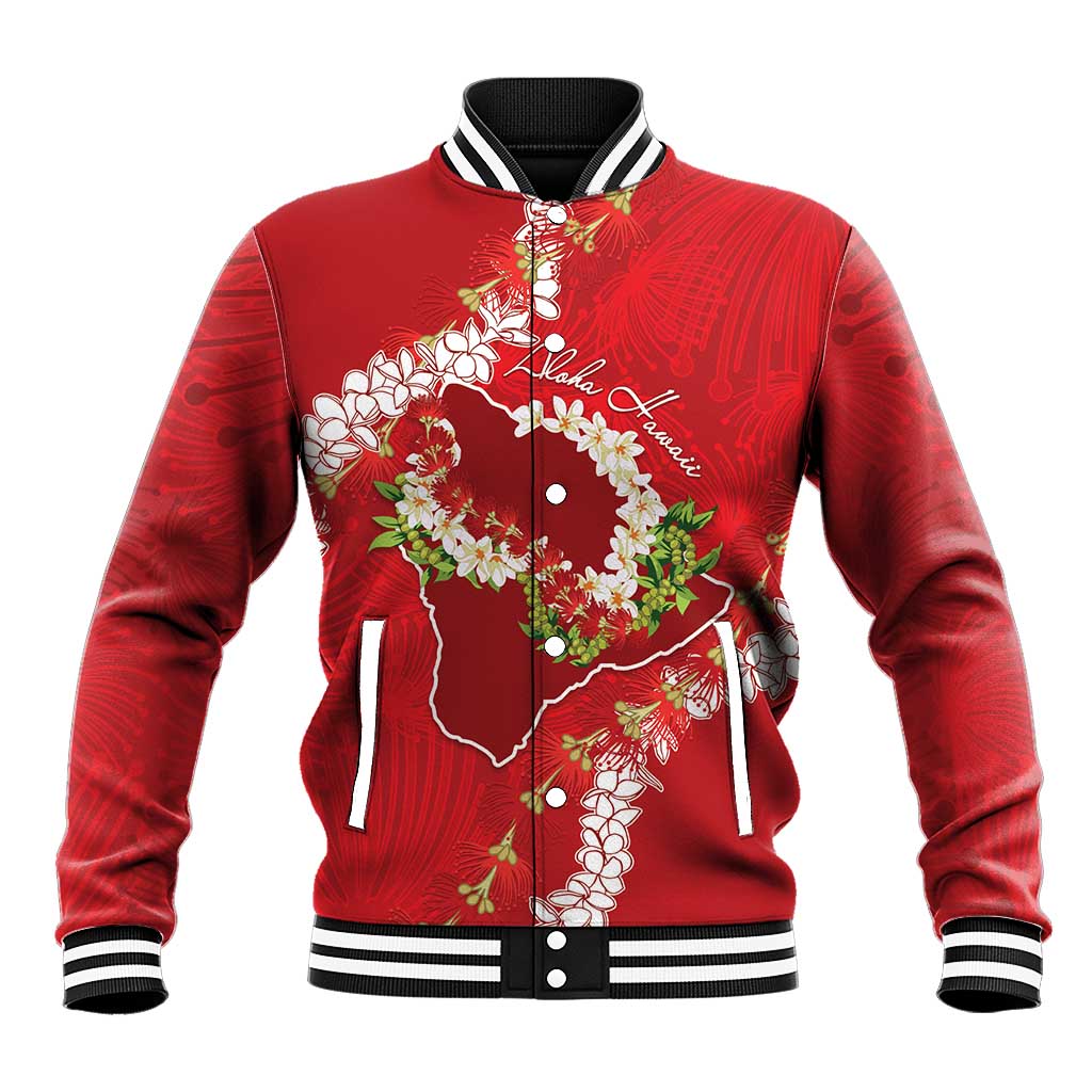 Hawaii Island Flowers Lei Baseball Jacket Ohia Lehua Scarlet Red
