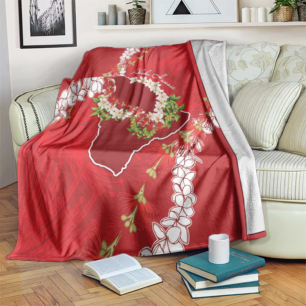 Hawaii Island Flowers Lei Blanket Ohia Lehua Scarlet Red LT7 Red - Polynesian Pride