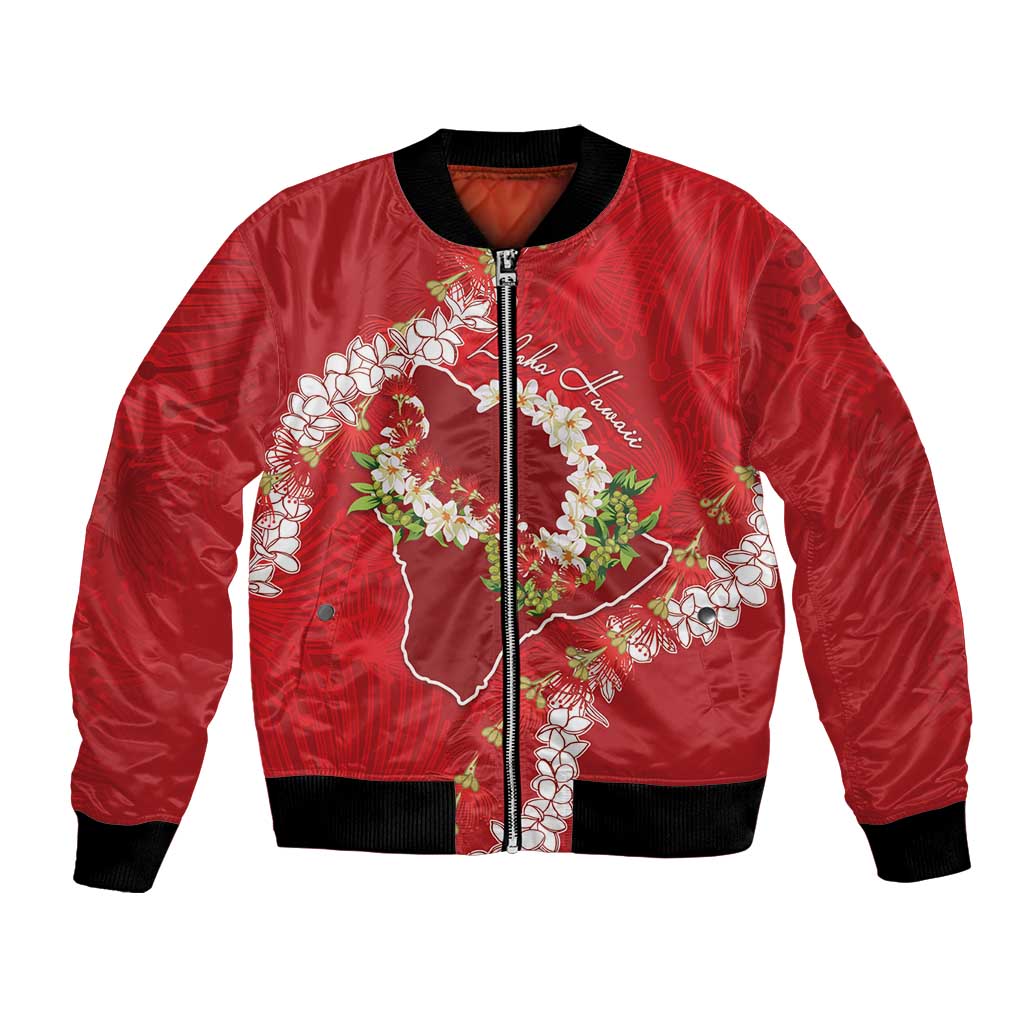 Hawaii Island Flowers Lei Bomber Jacket Ohia Lehua Scarlet Red LT7 Unisex Red - Polynesian Pride